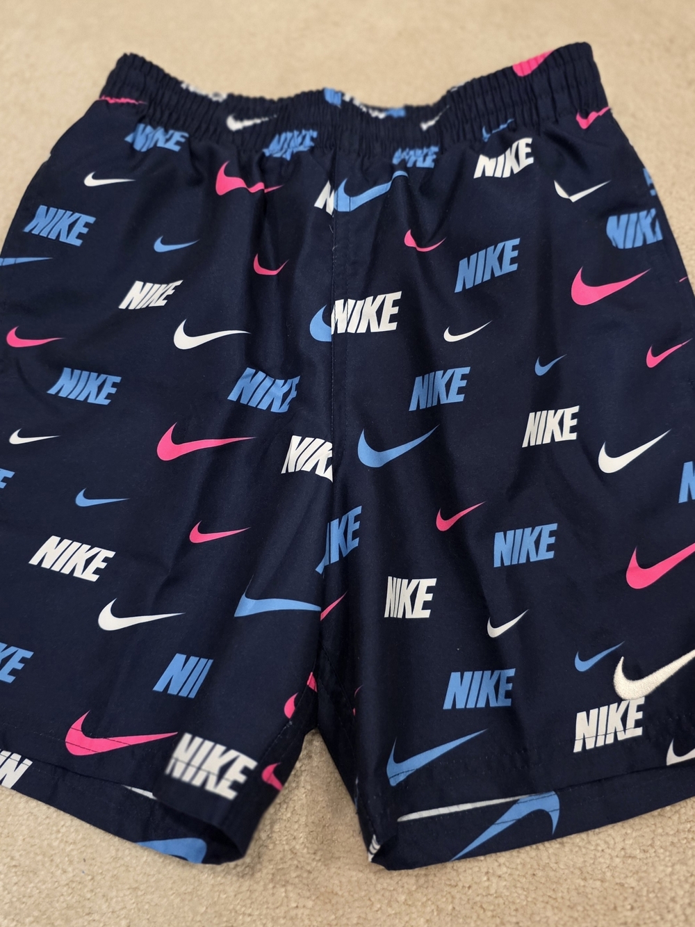 Nike Navy Swim Shorts with Blue, Pink & White Logos